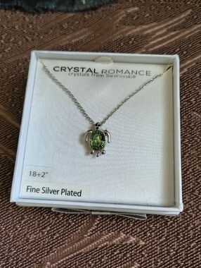 NWT From Swarovski Silver-Plated Turtle Necklace with Green Crystal